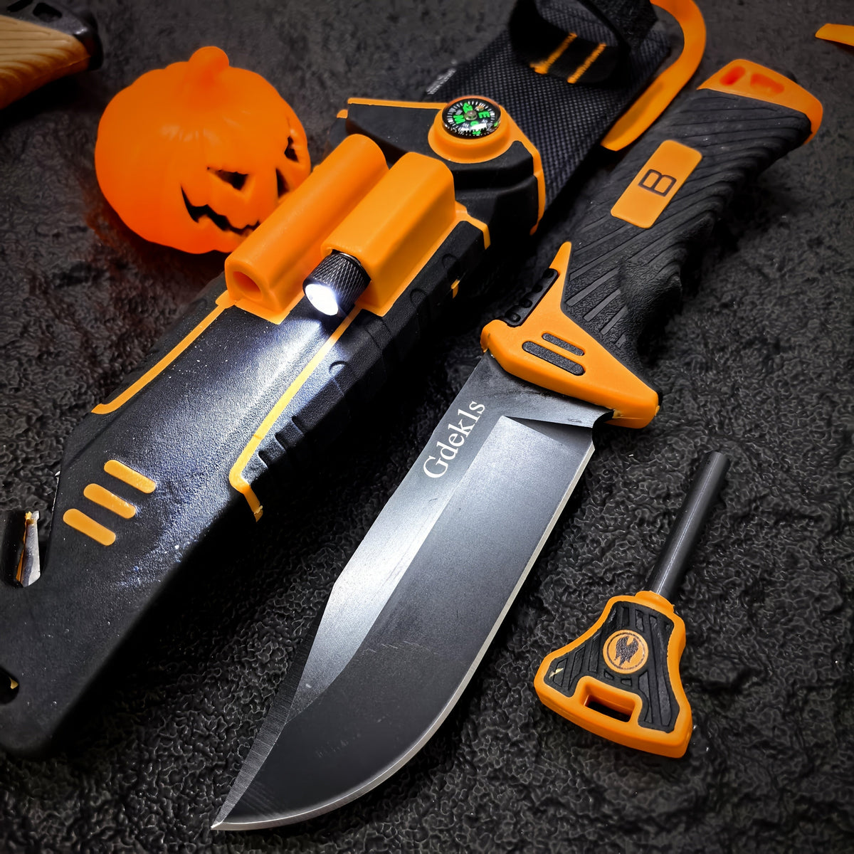 Couteau à lame fixe d'extérieur de 24,4 cm avec étui multifonction - Couteau droit noir et orange pour l'exploration en milieu sauvage, le canyoning, la randonnée en montagne et la chasse, conçu pour les hommes