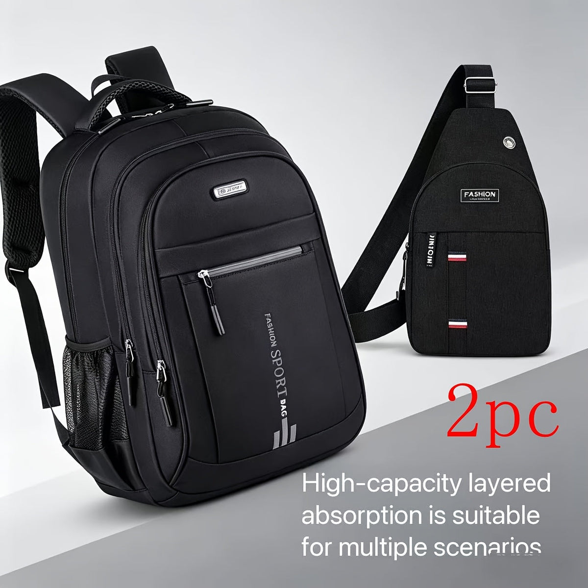 Ensemble de sac à dos de voyage grande capacité pour homme, sacoche pour ordinateur portable en nylon durable à compartiments multiples avec sangles réglables pour les voyages d'affaires et le campus – Combinaison sac à dos et sac à bandoulière