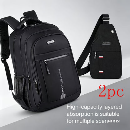 Ensemble de sac à dos de voyage grande capacité pour homme, sacoche pour ordinateur portable en nylon durable à compartiments multiples avec sangles réglables pour les voyages d'affaires et le campus – Combinaison sac à dos et sac à bandoulière