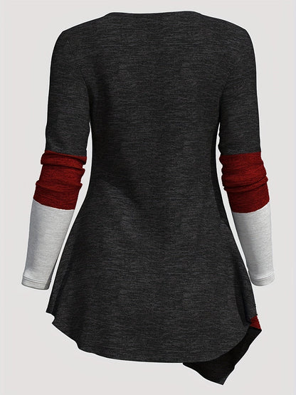 Color Block Patchwork Long Sleeve Top Women Irregular Hem Wide Lapel Knit Casual Spring Fall Black Mixed Colors S M L XL XXL