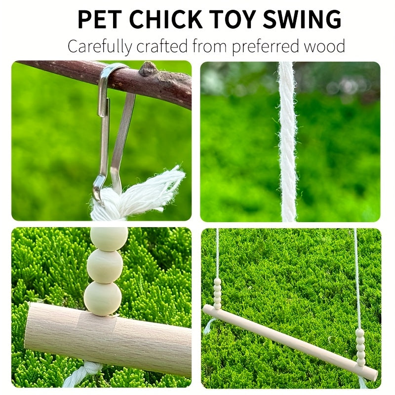 Jouet balançoire en bois pour poules, perchoir pour oiseaux naturel fait main, sans nœuds, avec perles sur corde élastique pour poules, canards, perroquets, accessoires de poulailler, grand et durable