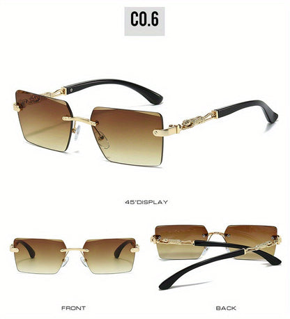 Lunettes de soleil unisexe de luxe sans monture avec branches léopard – Lunettes de mode rectangulaires étroites UV400 noir et or pour hommes et femmes, incluent étui de protection et chiffon de nettoyage pour la conduite, les voyages et les fêtes