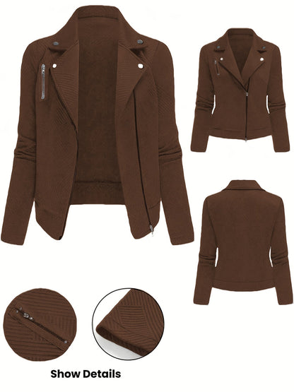 Veste de motard pour femme unie avec fermeture éclair et boutons à motif géométrique - Manteau de moto décontracté et élégant pour l'automne et l'hiver, idéal pour le quotidien ou un look streetwear