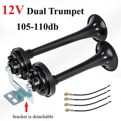 Kit de klaxon à air double super puissant 12V 24V avec compresseur d'air 105-137 dB, klaxon électrique universel en alliage d'aluminium pour camion, train, voiture, SUV, moto, bateau et pick-up