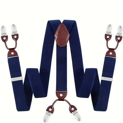 Bretelles pour homme en Y, cuir PU, robustes, avec 6 pinces métalliques – Style vintage élastique et réglable, noir, gris, bleu marine, blanc, café, beige, rouge vin, tenue décontractée et formelle