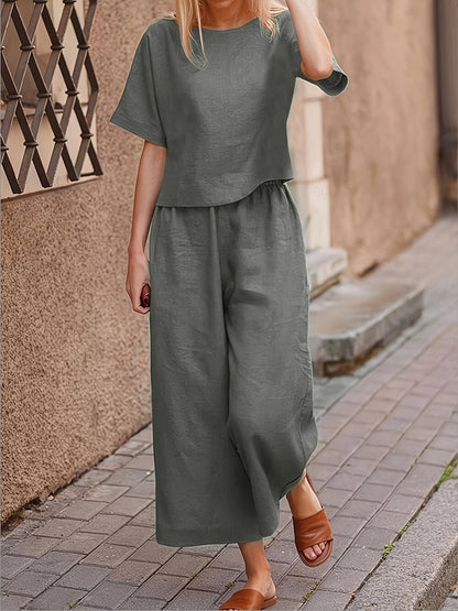 Ensemble tailleur pantalon 2 pièces pour femme, élégant et décontracté, haut à manches courtes et col rond, pantalon large, tenue ample toutes saisons, S M L XL XXL