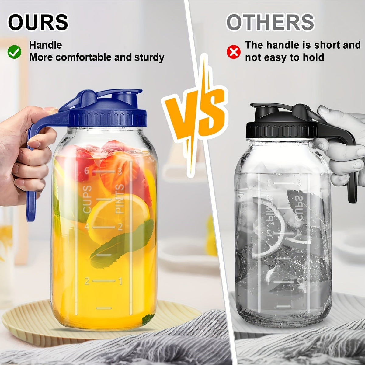 Bocal Mason de 1,9 L (64 oz) avec anse et couvercle – Carafe à boisson en verre borosilicaté de haute qualité sans BPA, étanche, lot de 2/3, pour le sport, l'extérieur, jus, eau, kombucha, cadeau de fête