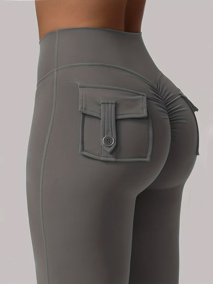 Ensemble 3 pièces pour femme : pantalon de yoga évasé à taille haute avec ceinture et poches, legging galbant effet push-up, squat-proof, 90 % polyester extensible, coupe évasée pour le sport, la gym, la course et le quotidien