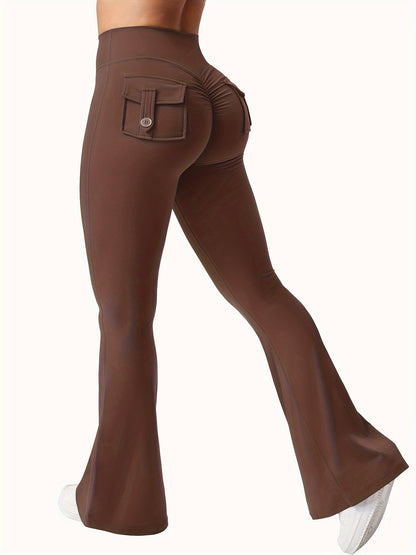 Ensemble 3 pièces pour femme : pantalon de yoga évasé à taille haute avec ceinture et poches, legging galbant effet push-up, squat-proof, 90 % polyester extensible, coupe évasée pour le sport, la gym, la course et le quotidien