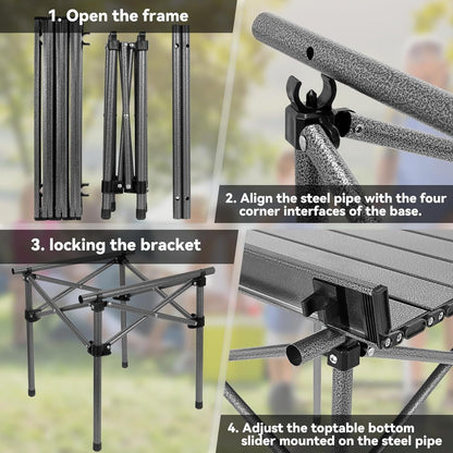 Table de camping pliante portable, table d'extérieur légère et rétractable avec sac de transport, pieds robustes, grande surface plane pour pique-nique, barbecue, plage, randonnée, hayon, design compact et durable, tailles L et XL