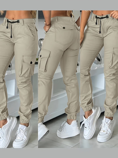 Pantalon cargo jogger taille haute pour femme, coupe ajustée, poches et cordon de serrage, pantalon décontracté cheville, printemps automne, noir kaki gris, XS-XL