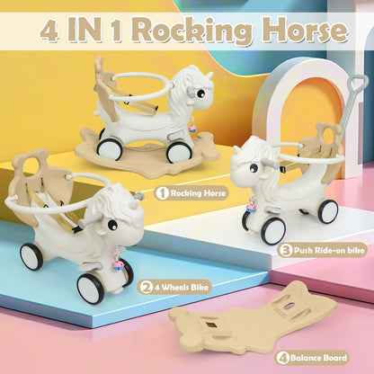 3-in-1 Rocking Horse for Toddlers 12 Months and Up - Balance Bike with Push Handle, Detachable Balance Board, Rocking Toy Ride On for Baby Boys and Girls - Green, Blue, Pink