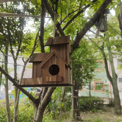 Nid d'oiseau extérieur en bois à 3 compartiments, nichoir rustique en bois naturel pour jardin, arrière-cour et terrasse – Nichoir artisanal pour petits oiseaux sauvages, décoration d'habitat naturel