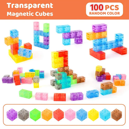 Blocs de construction magnétiques 100 pièces - Cubes magnétiques colorés et transparents, jouet de construction STIM, tuiles empilables créatives pour enfants, cadeau éducatif pour filles et garçons, anniversaire, Noël, Halloween