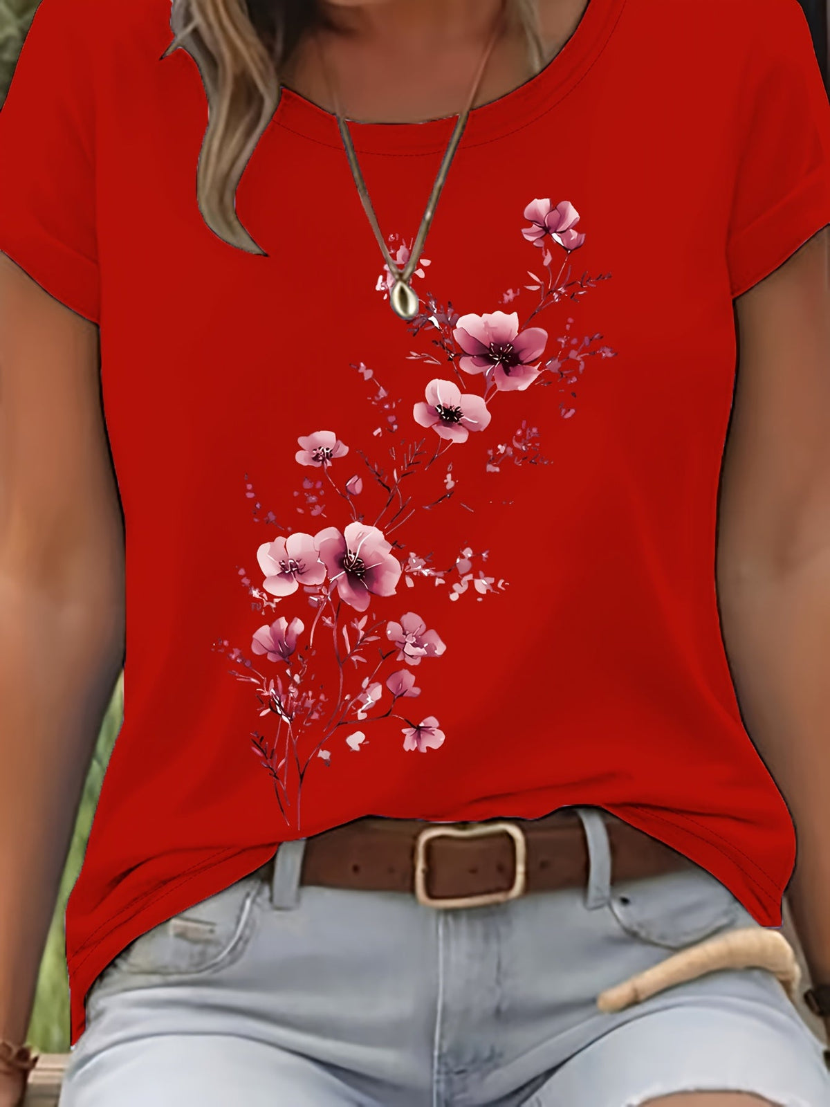 T-shirt pour femme à motif floral aquarelle – Haut décontracté élégant à col rond et manches courtes pour le printemps et l'été