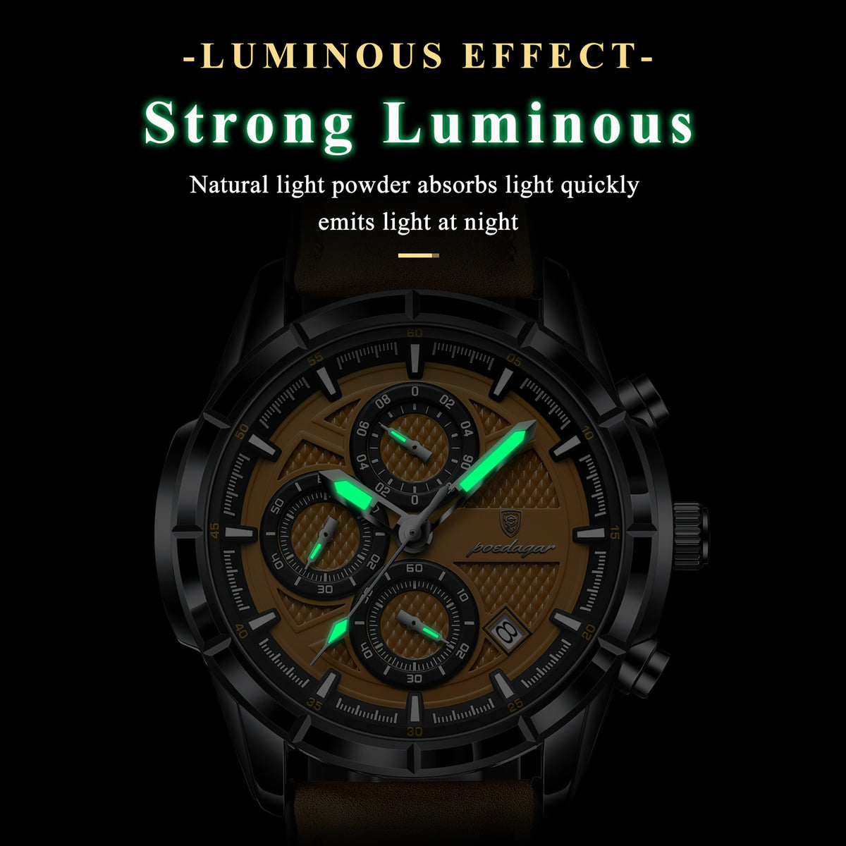 Montre chronographe à quartz étanche pour homme POEDAGAR avec bracelet en cuir luminescent – Montre-bracelet décontractée et sportive avec calendrier, cadeau pour homme, noir marron noir
