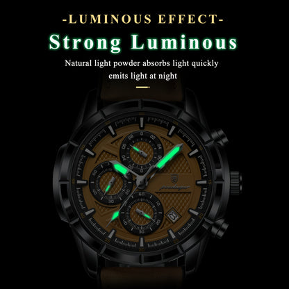 Montre chronographe à quartz étanche pour homme POEDAGAR avec bracelet en cuir luminescent – Montre-bracelet décontractée et sportive avec calendrier, cadeau pour homme, noir marron noir