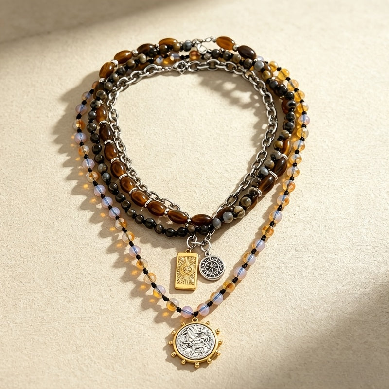 Collier bohème multi-rangs en perles d’œil-de-tigre pour femme – Pendentif boussole vintage, chaîne claviculaire superposable, bijou bohème tendance pour le quotidien, les fêtes et les cadeaux de vacances