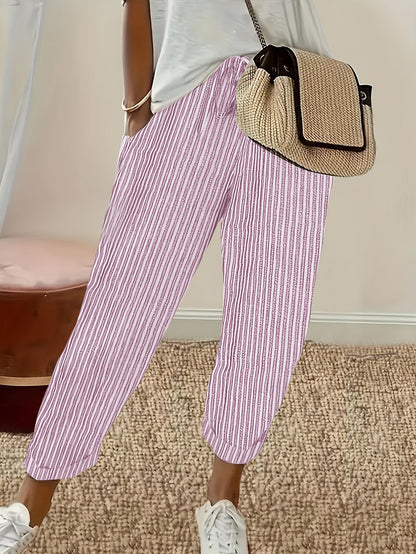 Women's Striped Casual Loose-Fit Ankle Pants - Relaxed Vacation Style Trousers with Pockets, Lightweight Polyester Fabric, Perfect for Summer Travel, Beach Outings & Everyday Wear | S-XXL