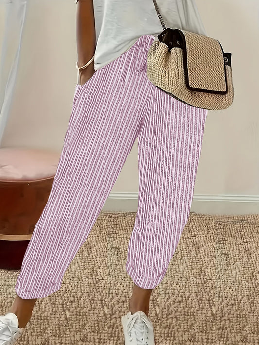 Pantalon décontracté ample à rayures pour femme - Pantalon de style vacances décontracté avec poches, tissu léger en polyester, parfait pour les voyages d'été, les sorties à la plage et le quotidien | S-XXL