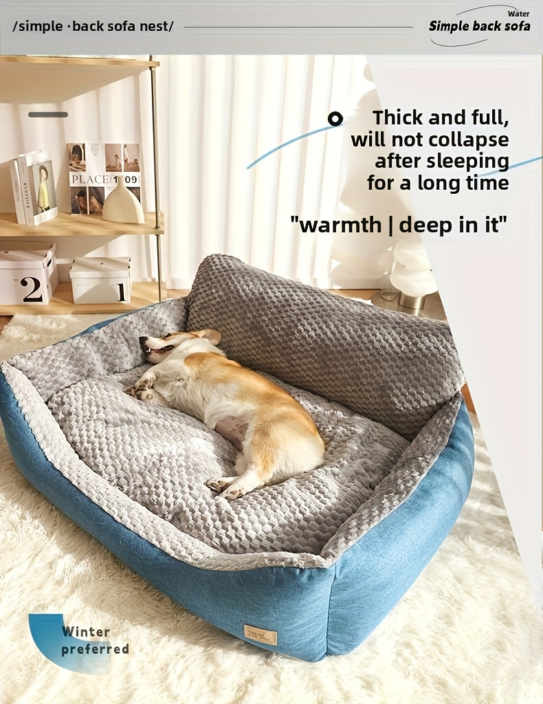 Canapé-lit de luxe en peluche pour animaux avec dossier haut – Panier pour chiens et chats épais, chaud et lavable, confort toutes saisons, housse facile à nettoyer, tailles S L XL, bleu gris