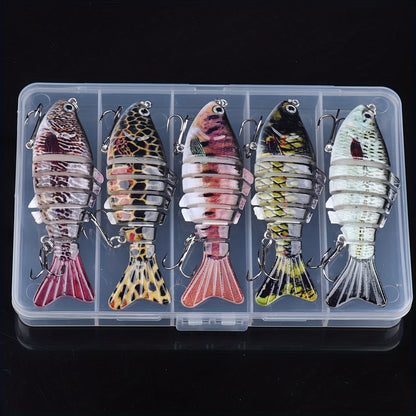 Lot de 5 leurres de pêche articulés à la nage réaliste – Swimbait pour bar, truite et brochet, kit de leurres pour eau douce et eau de mer, 4 modèles assortis