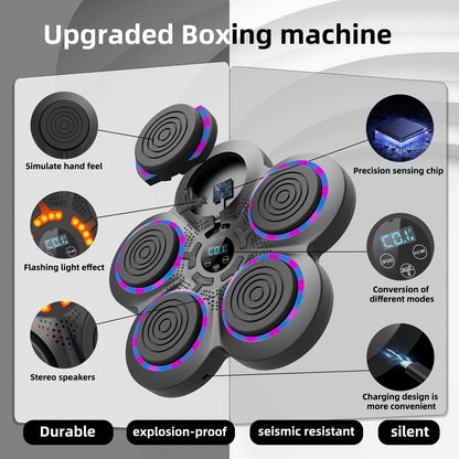 Machine de boxe musicale intelligente, fixation murale, entraînement à la frappe sans fil – Guidage par lumières LED, haut-parleur Bluetooth, appareil de cardio pour salle de sport à domicile et cible de réflexes anti-stress pour adultes et enfants