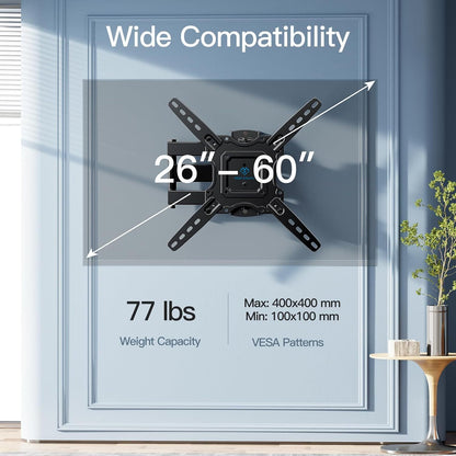 Support mural articulé pour téléviseur de 26 à 60 pouces jusqu'à 35 kg, pivotant, inclinable et extensible, support TV en acier inoxydable, VESA max 400x400 mm, compatible avec la plupart des téléviseurs à écran plat et incurvé