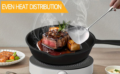 Ensemble de 3 poêles en fonte avec bec verseur – Batterie de cuisine robuste antiadhésive pré-culottée pour les repas de fêtes, le camping en VR, les repas au feu de camp, compatible four et plaque de cuisson, cadeau de cuisine