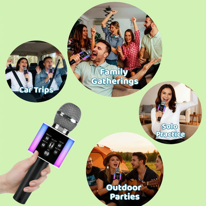 Microphone karaoké sans fil 5-en-1 avec haut-parleur intégré, lumières LED et changeur de voix – Micro de chant Bluetooth portable pour fêtes, réunions de famille, voyages et activités en plein air, 10 couleurs