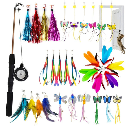 Canne à pêche télescopique pour chat avec plumes interchangeables - Jouet interactif en plumes artificielles, perche extensible en 3 ou 4 sections avec 3/6/9 têtes de rechange aléatoires, sans pile requise