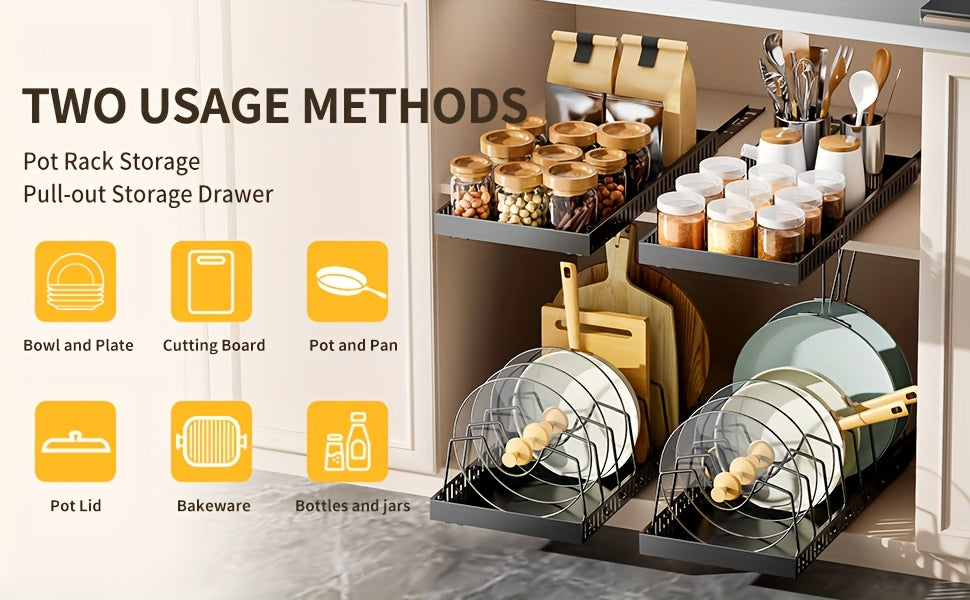 Organisateur de placard coulissant pour casseroles et poêles avec support à couvercles – 8/16 séparateurs réglables, installation sans perçage, rangement coulissant pour couvercles, ustensiles de pâtisserie et assiettes – 1 ou 2 pièces, noir et blanc