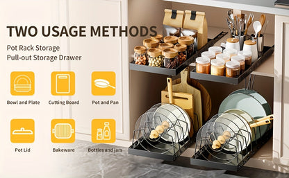 Organisateur de placard coulissant pour casseroles et poêles avec support à couvercles – 8/16 séparateurs réglables, installation sans perçage, rangement coulissant pour couvercles, ustensiles de pâtisserie et assiettes – 1 ou 2 pièces, noir et blanc