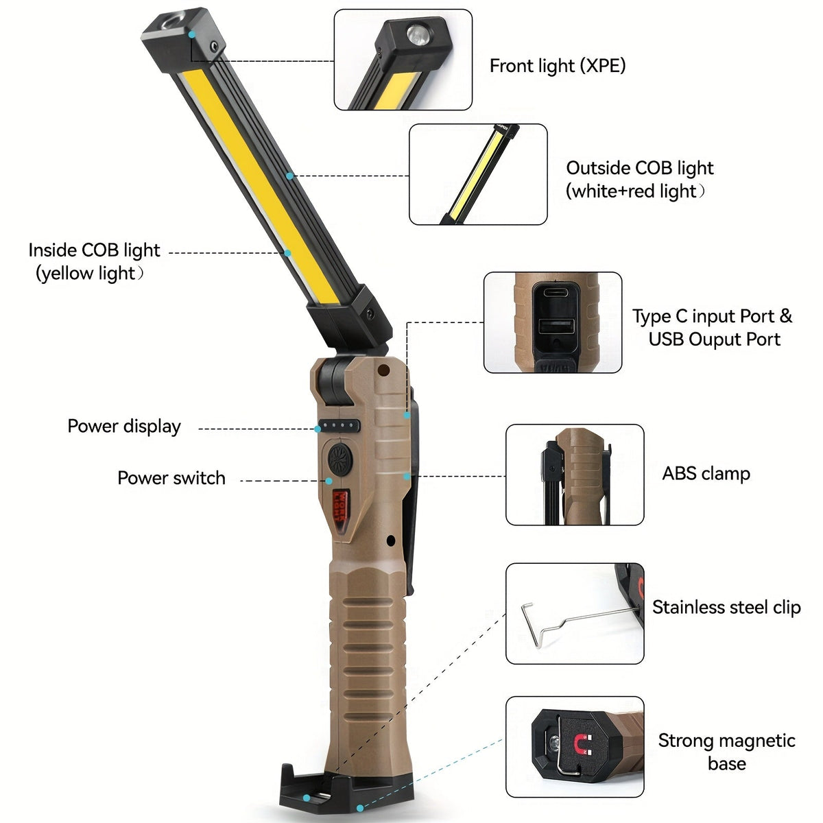 Lampes de travail rechargeables à LED COB – Lampe de travail portative à suspendre avec batterie intégrée pour le camping, le jardin, les fêtes et l'entretien de véhicules, options en packs de 2/4/6/8/10, noir et kaki