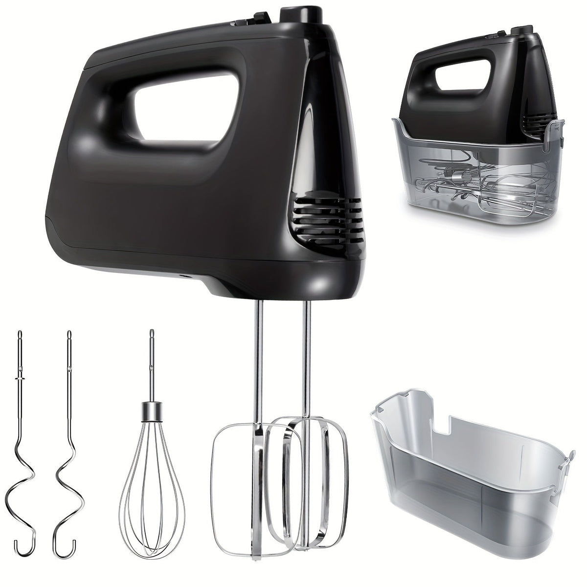 Batteur à main électrique 5 vitesses avec fonction turbo, coffret de rangement et 5 accessoires en acier inoxydable - 2 fouets, 2 crochets pétrisseurs, 1 fouet ballon, batteur à main de cuisine pour la pâtisserie, argenté
