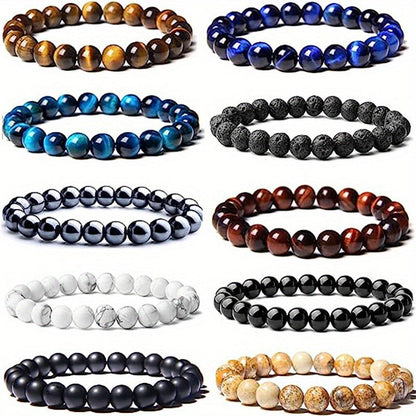 Lot de 10 bracelets extensibles en pierres naturelles de 8 mm, style vintage, perles rondes empilables, unisexe, pour homme et femme, cadeau de vacances