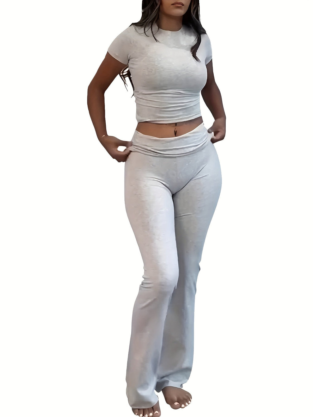 Ensemble deux pièces pour femme - T-shirt ajusté à manches courtes et col rond & pantalon moulant à pattes d'eph, tenue décontractée unie pour le quotidien, tailles XS-XL