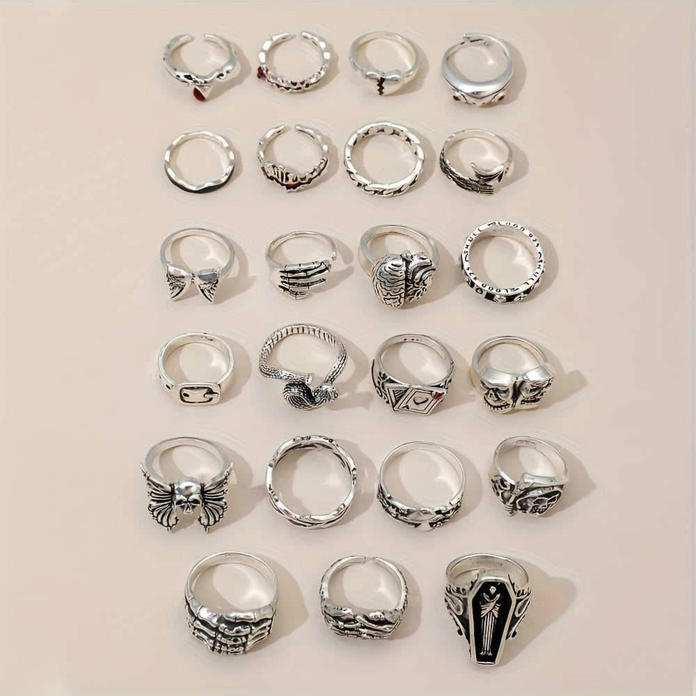 Lot de 24 bagues rétro punk pour hommes et femmes – Style sombre avec araignées, crânes et croix, bagues gothiques vintage, bijoux empilables réglables pour le quotidien, les fêtes, Halloween et comme cadeau