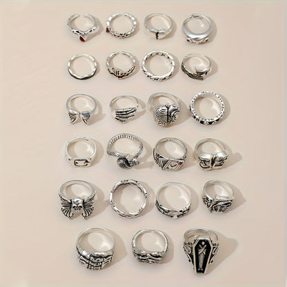 Lot de 24 bagues rétro punk pour hommes et femmes – Style sombre avec araignées, crânes et croix, bagues gothiques vintage, bijoux empilables réglables pour le quotidien, les fêtes, Halloween et comme cadeau
