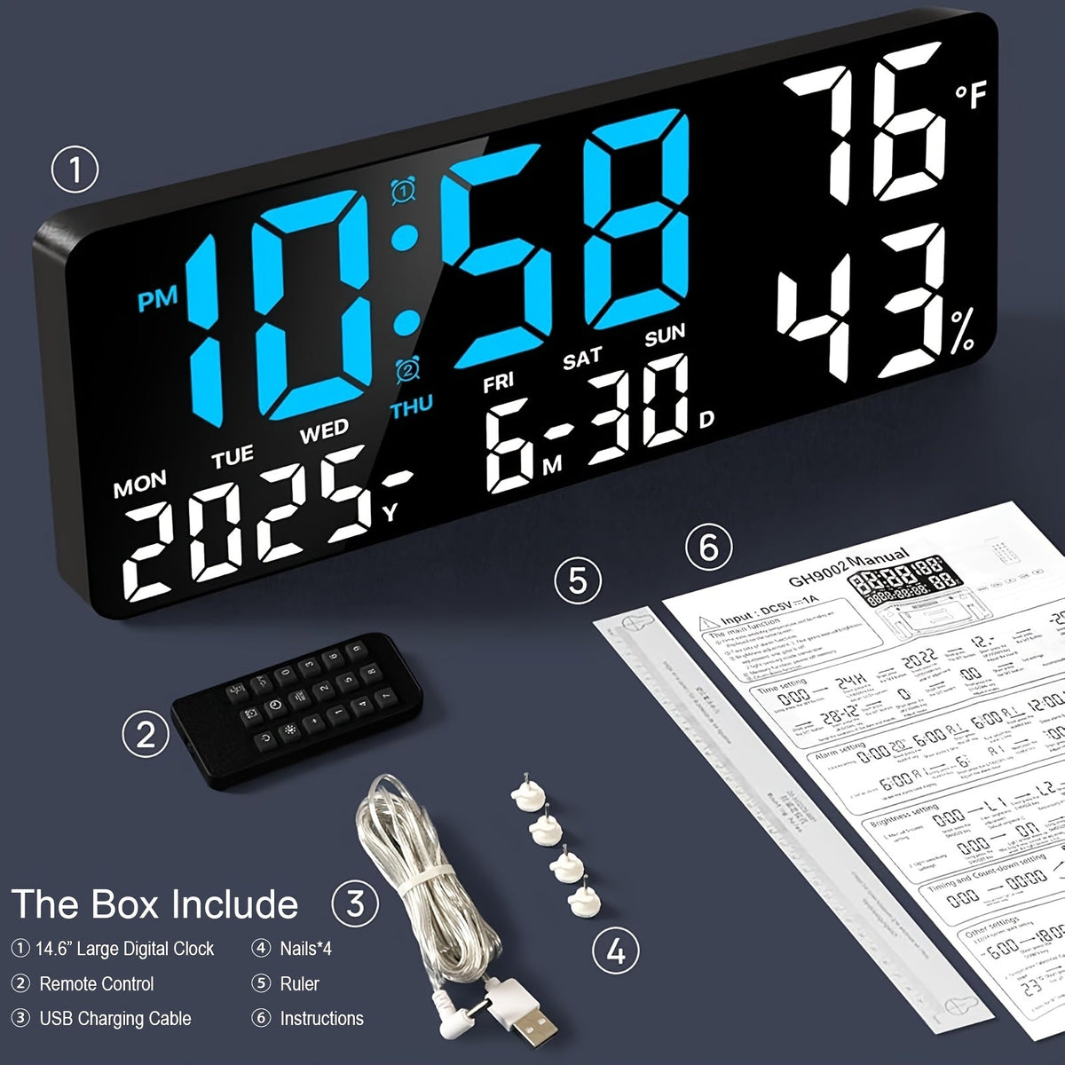 Réveil LED à grand écran avec télécommande à atténuation automatique – Horloge numérique de 15 pouces affichant l'heure, la date, le jour de la semaine, la température et l'humidité – Horloge de chevet pour seniors, salon, bureau