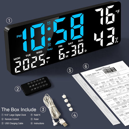 Réveil LED à grand écran avec télécommande à atténuation automatique – Horloge numérique de 15 pouces affichant l'heure, la date, le jour de la semaine, la température et l'humidité – Horloge de chevet pour seniors, salon, bureau
