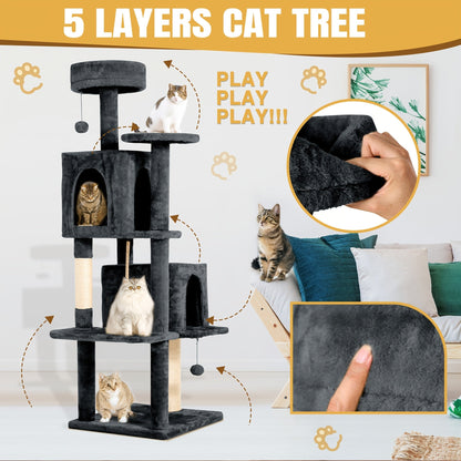 Arbre à chat multi-niveaux de 150 cm pour chats d'intérieur – Grand arbre à chat avec zone de repos en peluche, poteau à griffer en sisal et jouet à balle suspendue – Idéal pour chambre, salon et foyers multi-chats – Velora