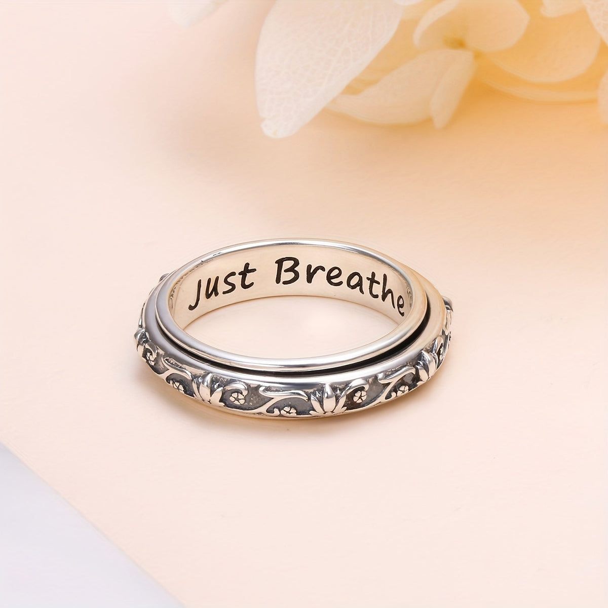 Bague anti-anxiété en argent sterling 925 avec motif fleur de lotus – Anneau rotatif oxydé « Just Breathe » pour soulager le stress, le TDAH, l'autisme et le yoga, bague unisexe pour l'inquiétude, tailles 57-67, cadeau pour femmes et hommes