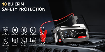 Démarreur de voiture 20000A avec compresseur d'air, batterie externe portable 18-en-1 – Pinces intelligentes, charge rapide, lampe LED, grand écran pour tous moteurs essence et diesel, booster de batterie de voiture d'urgence