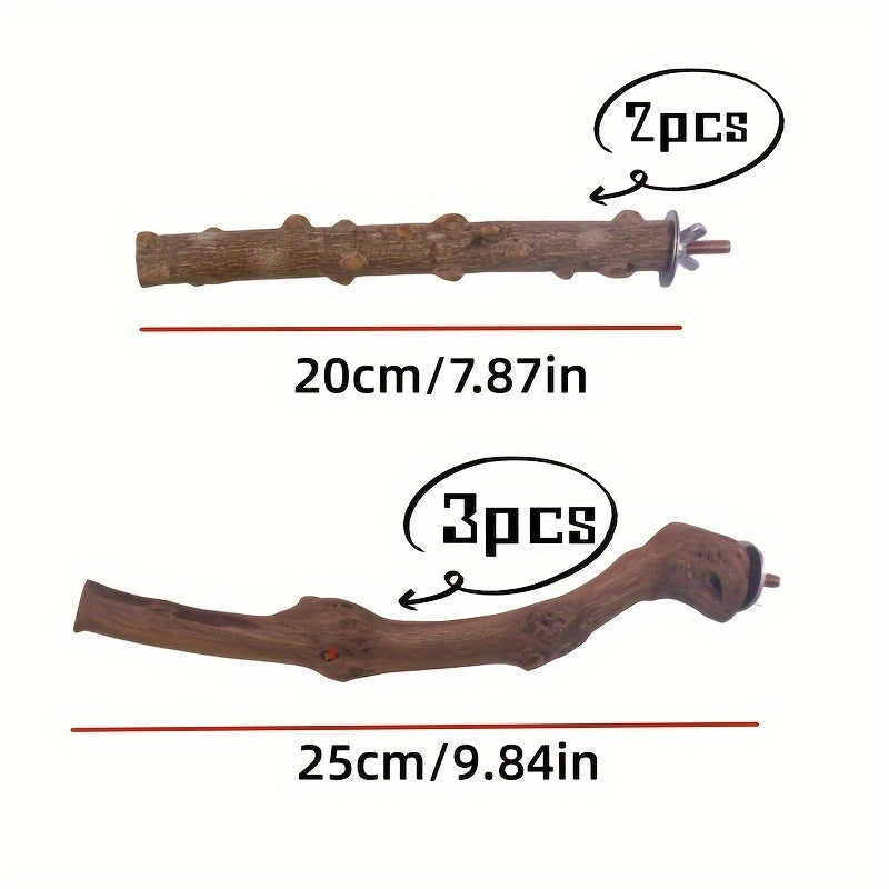 Perchoir pour oiseaux en bois naturel, lot de 5, bois de vigne et frêne épineux pour mâcher et limer les griffes, pour calopsittes, perruches, conures soleil – Ensemble de supports pour cage à oiseaux