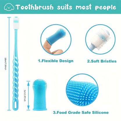 Kit de soins dentaires pour animaux de 3 pièces : brosse à dents en silicone à 360°, brosse à doigt et brosse à micro-filaments pour chiens et chats, souple et douce, aucune pile requise