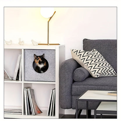 Panier pour chat carré en feutre, pliable et lavable en machine – Maison pour chat semi-fermée de 3 mm d'épaisseur, ne s'affaisse pas, grotte pour chat toutes saisons pour dormir et jouer, 33 x 37 x 33 cm, gris foncé et gris clair