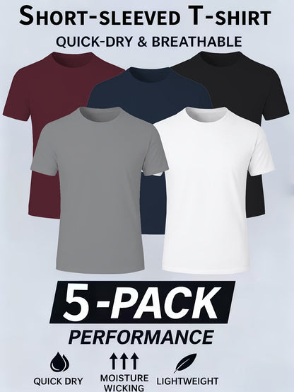 Lot de 5 t-shirts de sport pour homme à séchage rapide, respirants et anti-humidité, col rond en polyester pour la gym, la course, l'entraînement et le quotidien.