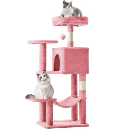 Arbre à chat de 112 cm avec niche et hamac – Poteaux à griffer en sisal naturel, perchoirs à plusieurs niveaux et maison pour chats d'intérieur, disponible en beige, gris, rose et noir/rouge