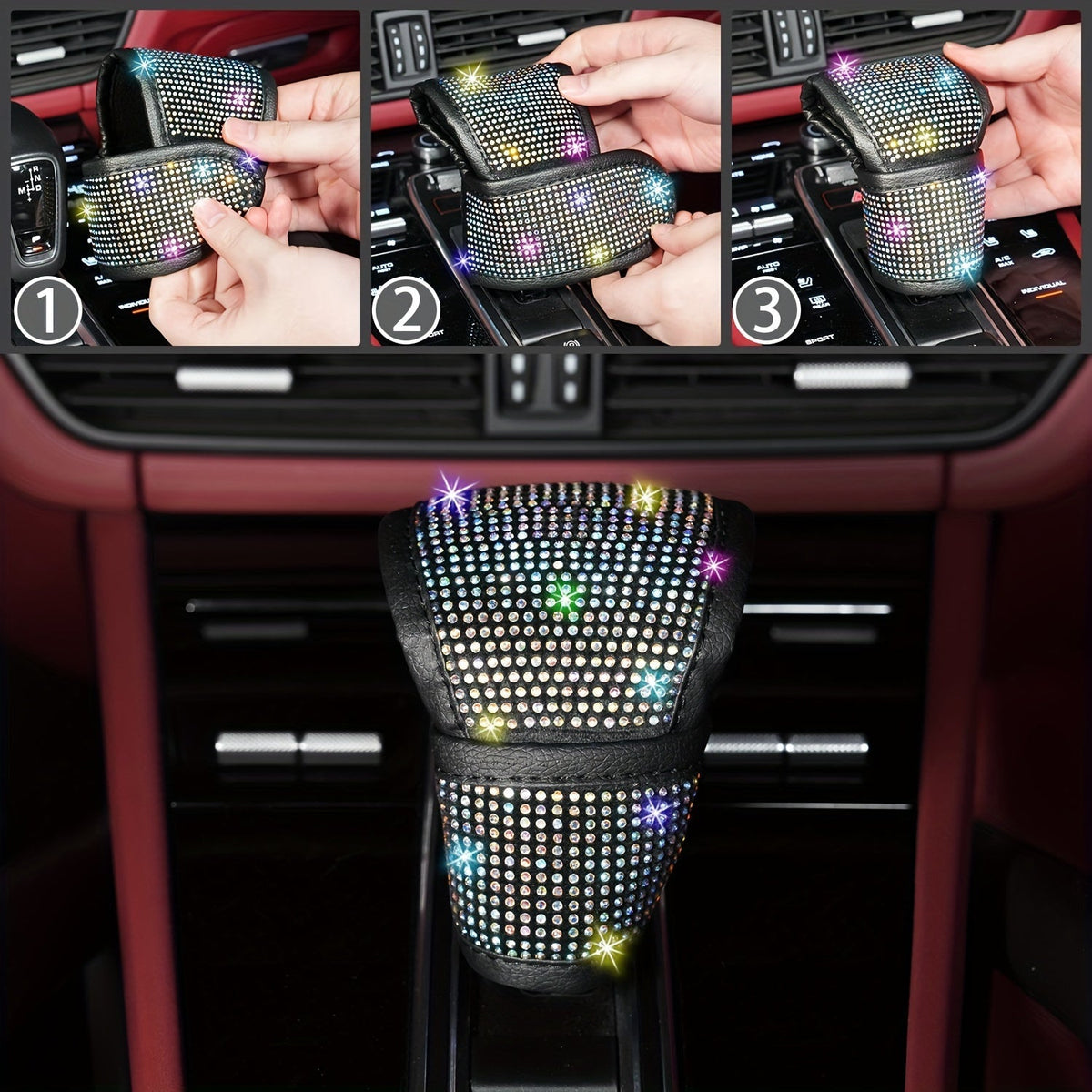 Ensemble d'accessoires de voiture 8 pièces en strass pour femme – Housse de volant, sous-verres, coussinets de ceinture de sécurité, anneaux de démarrage et housse de pommeau de levier de vitesse, 7 couleurs, kit intérieur à paillettes scintillantes